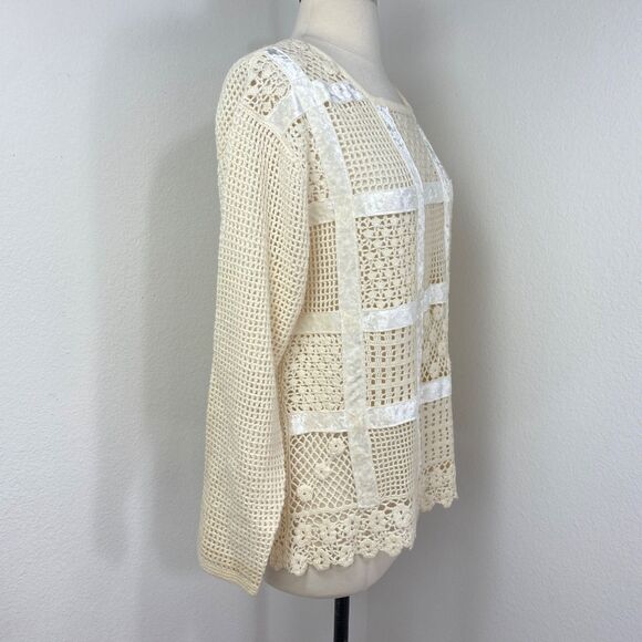 Otto Ivory Crochet Velvet Patchwork Top Large Long Sleeves Romantic Boho Whimsy - Picture 9 of 12